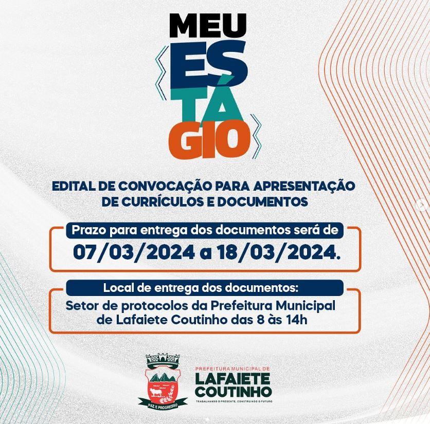 Lafaiete Coutinho: Prefeitura abre inscrições para o Programa Municipal de Estágio