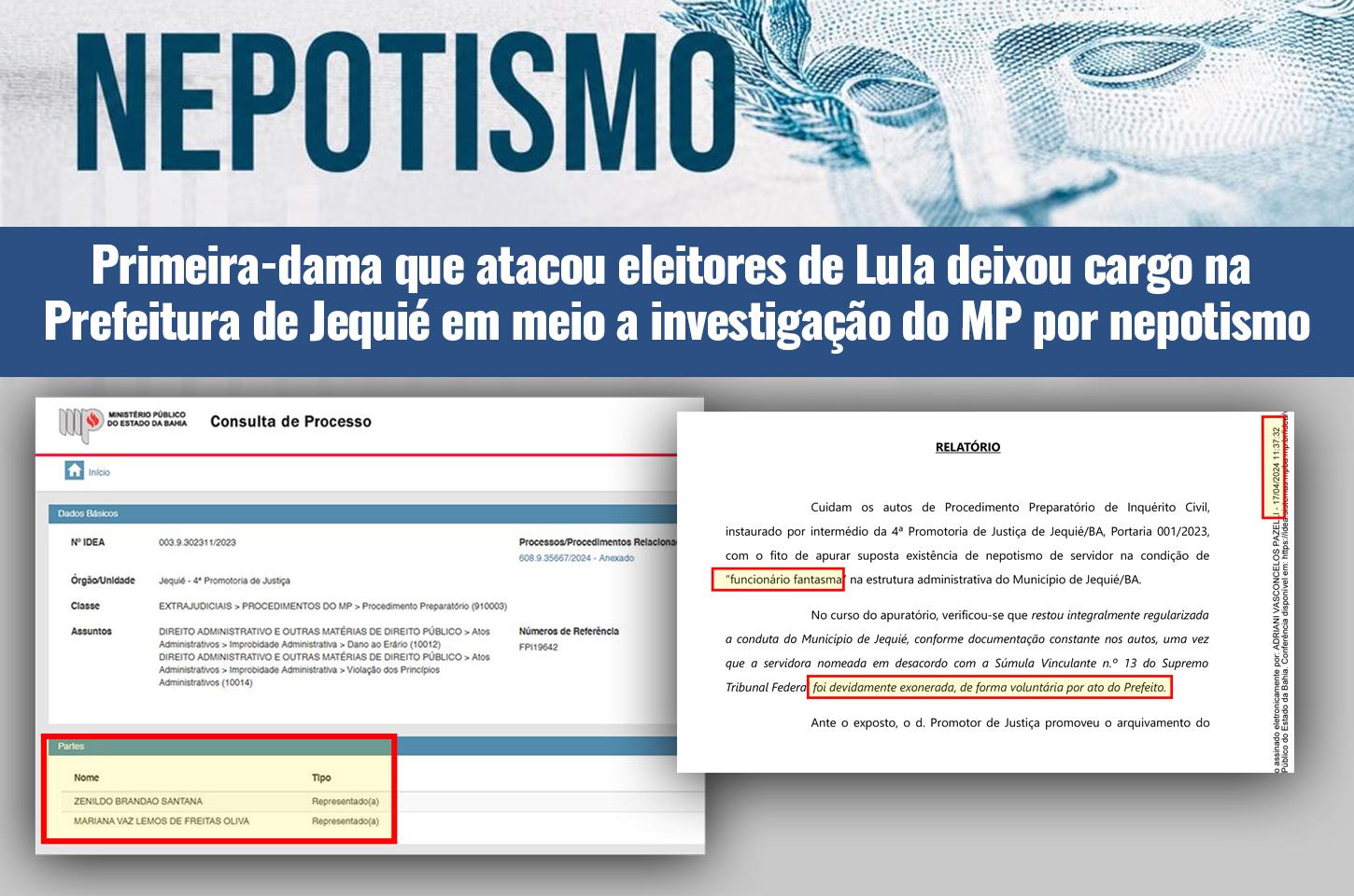 Primeira-dama que atacou eleitores de Lula deixou cargo na Prefeitura de Jequié em meio a investigação do MP por nepotismo